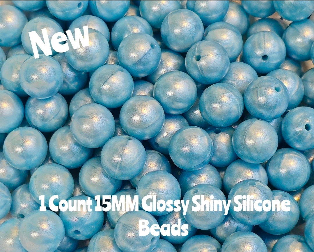 15mm DIY Silicone Beads Glossy Shiny Solids 1 Count Marbel Blue