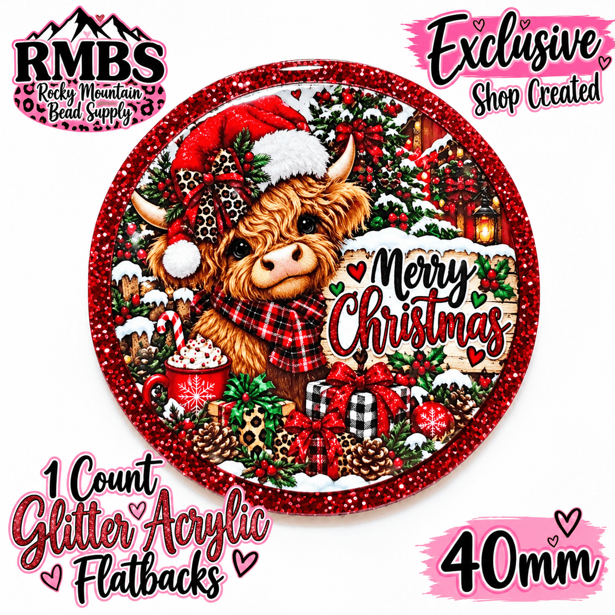 Exclusive 1 Count Custom Exclusive Glitter Acrylic Flatback 40mm MERRY CHRISTMAS COW