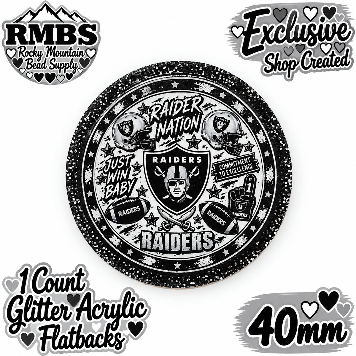 Exclusive 1 Count Custom Exclusive Glitter Acrylic Flatback 40mm RAIDERS
