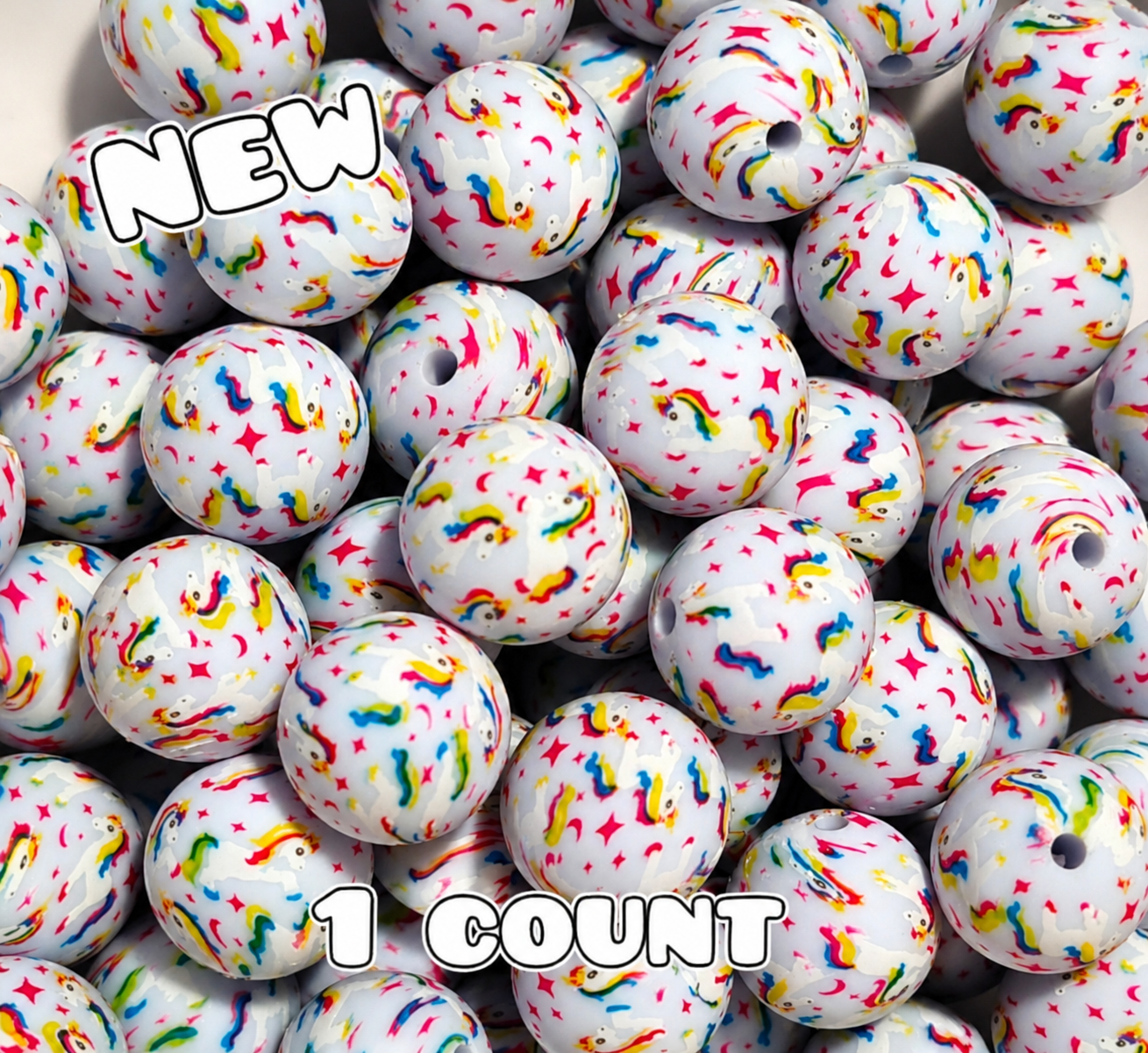 New 1 Count 15mm printed silicone beads Unicorn Rainbows π