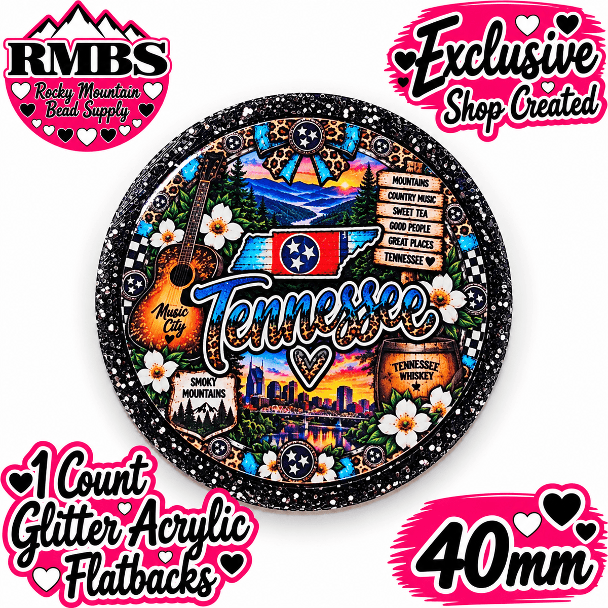 Exclusive 1 Count Custom Exclusive Glitter Acrylic Flatback 40mm STATE TENNESSEE
