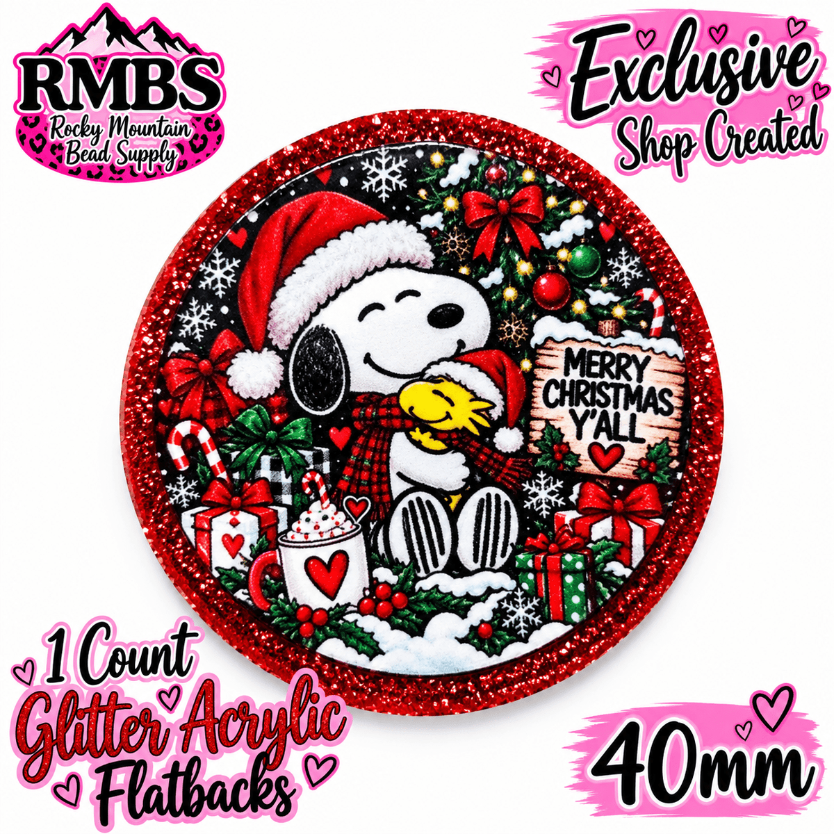 Exclusive 1 Count Custom Exclusive Glitter Acrylic Flatback 40mm SNOOPY CHRISTMAS