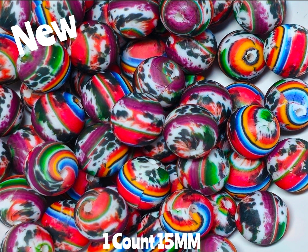 New 1 Count Cow Hide Serpe Prints 15mm printed Silicone Beads