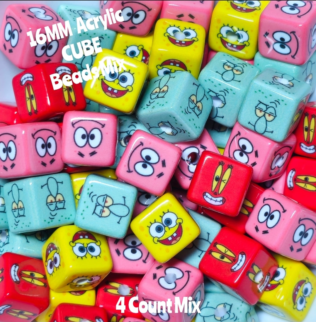 4 Count 16MM DIY Cubed Acrylic Beads Character SpongeBob Craft Supplies