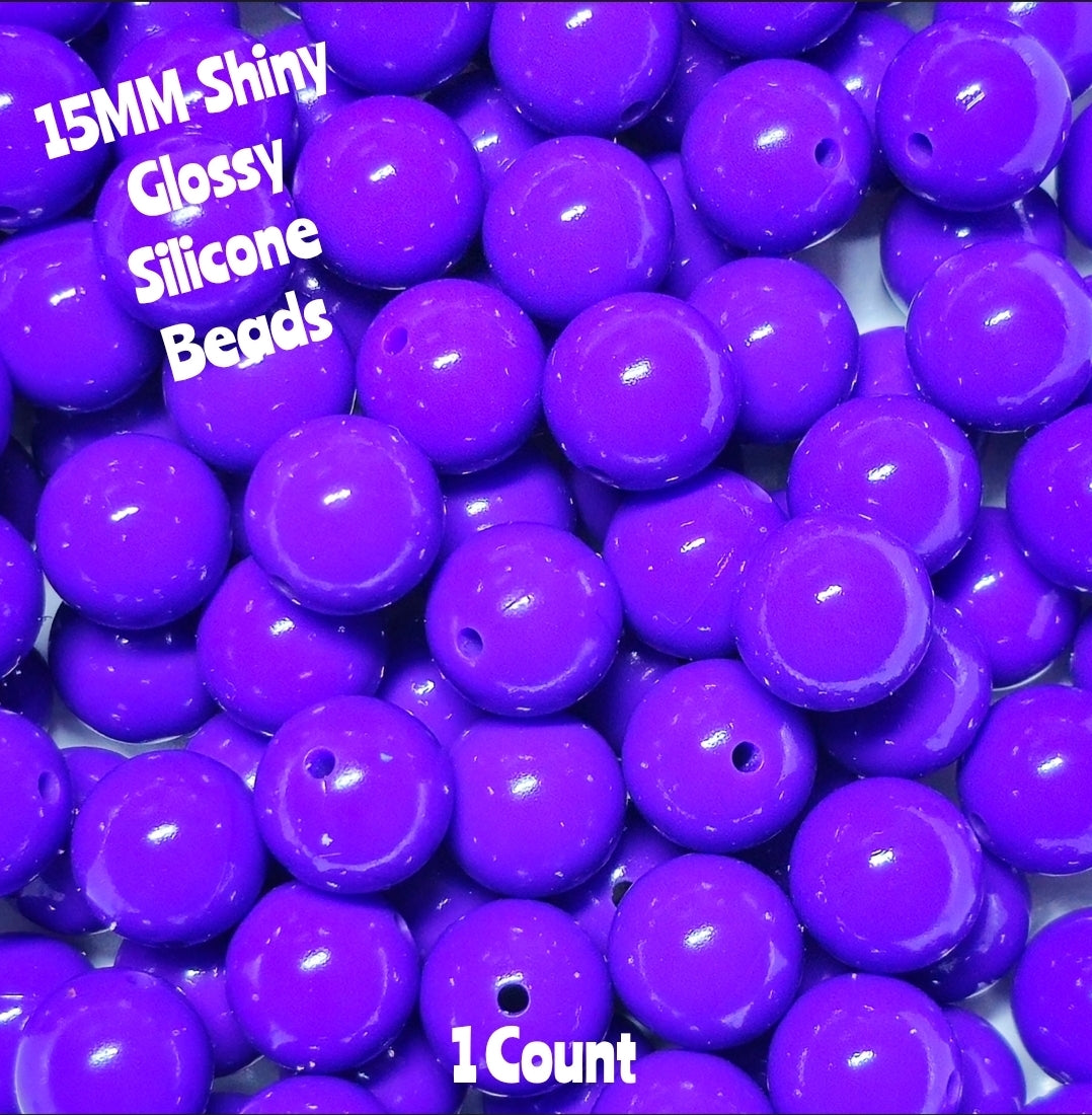 15mm DIY Silicone Beads Glossy Shiny Solids 1 Count Purple