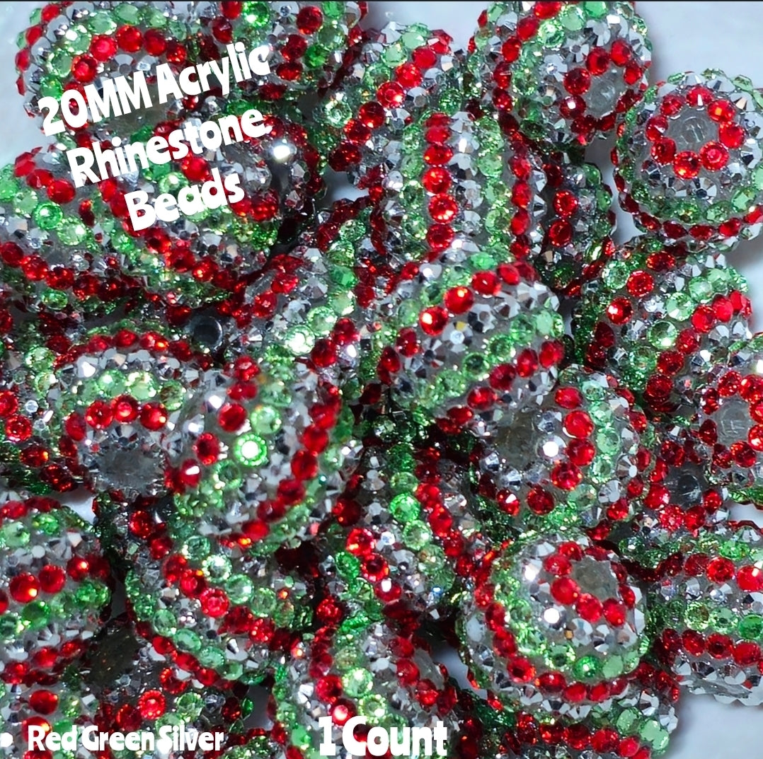 1 Count 20MM DIY Fancy Striped Red Green Silver Acrylic Beads Craft Supplies