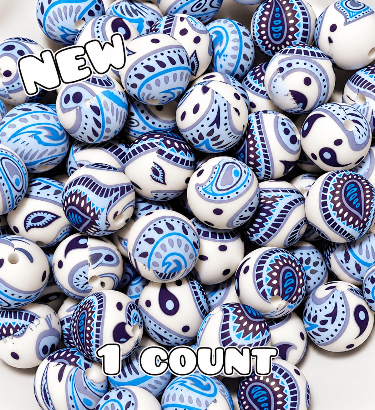 New 1 Count 15mm printed silicone beads PASTEL Blue Paisley