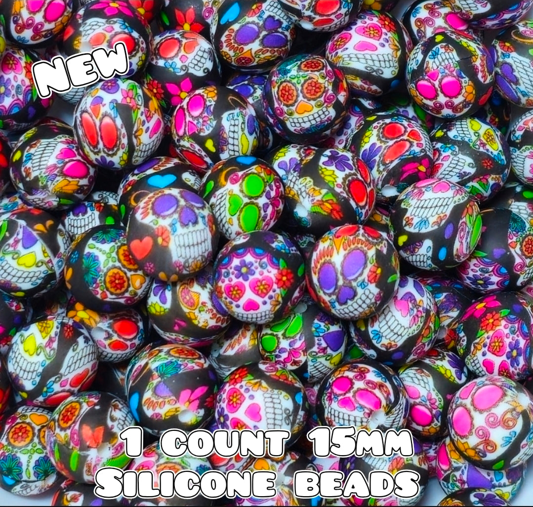 New 1 Count DIY Silicone Beads 15mm printed Sugar Skulls