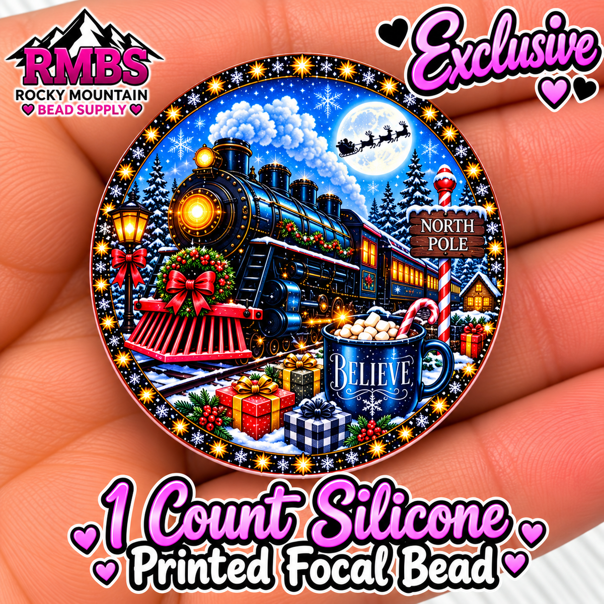 NEW Exclusive 1 count PRINTED Silicone Focal Bead POLAR EXPRESS