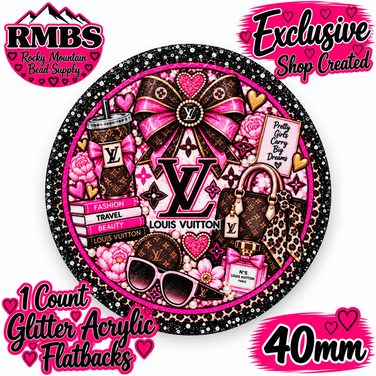 Exclusive 1 Count Custom Exclusive Glitter Acrylic Flatback 40mm LV PINK