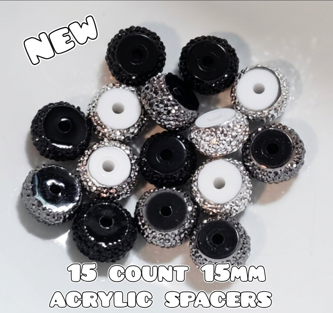 15 Count 15MM Acrylic Spacers Black- Silver- Gun Metal