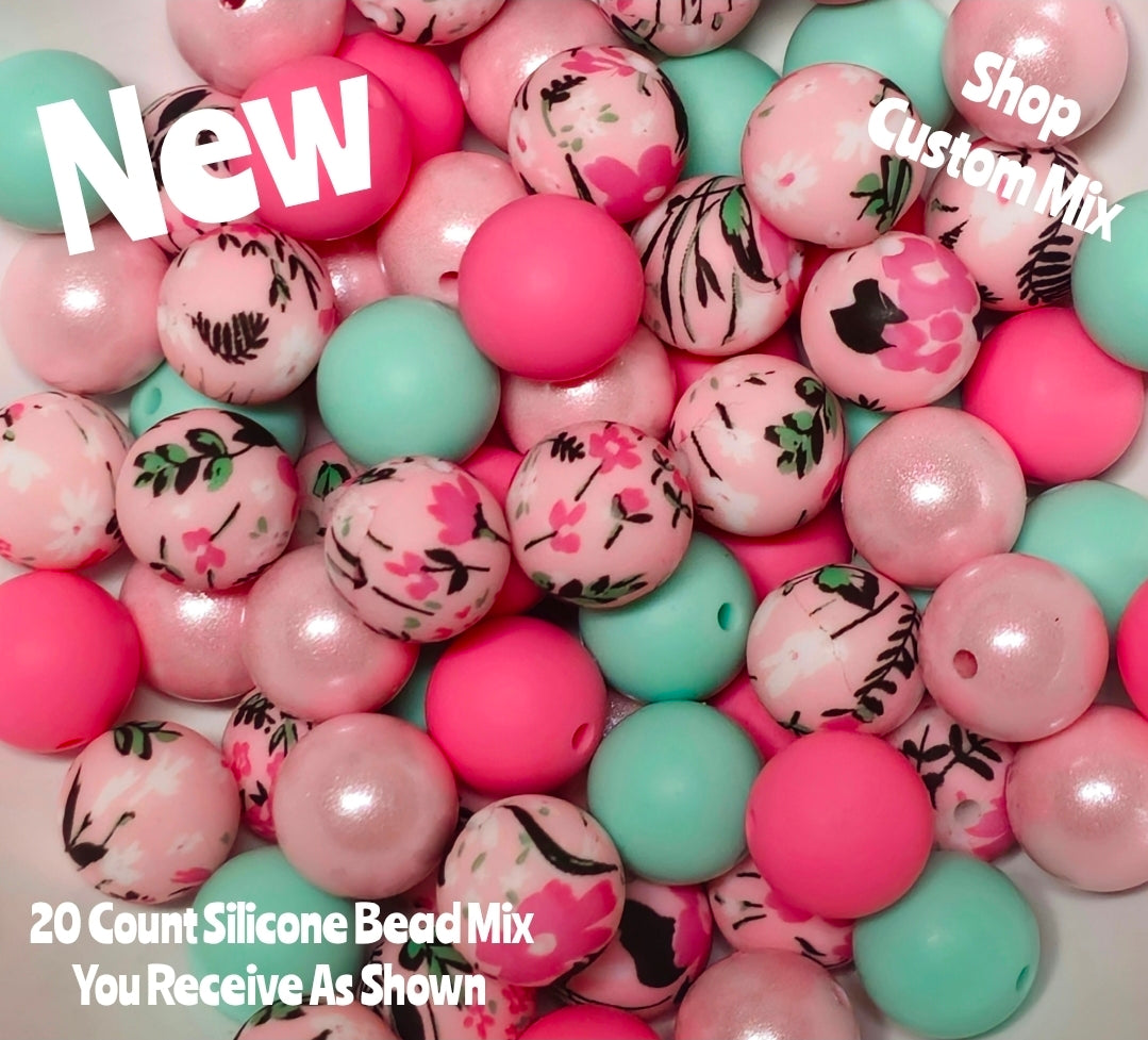 New 15mm Cherry Wood Floral SILICONE Bead Mix 20 count. DIY Bead Craft Supplies