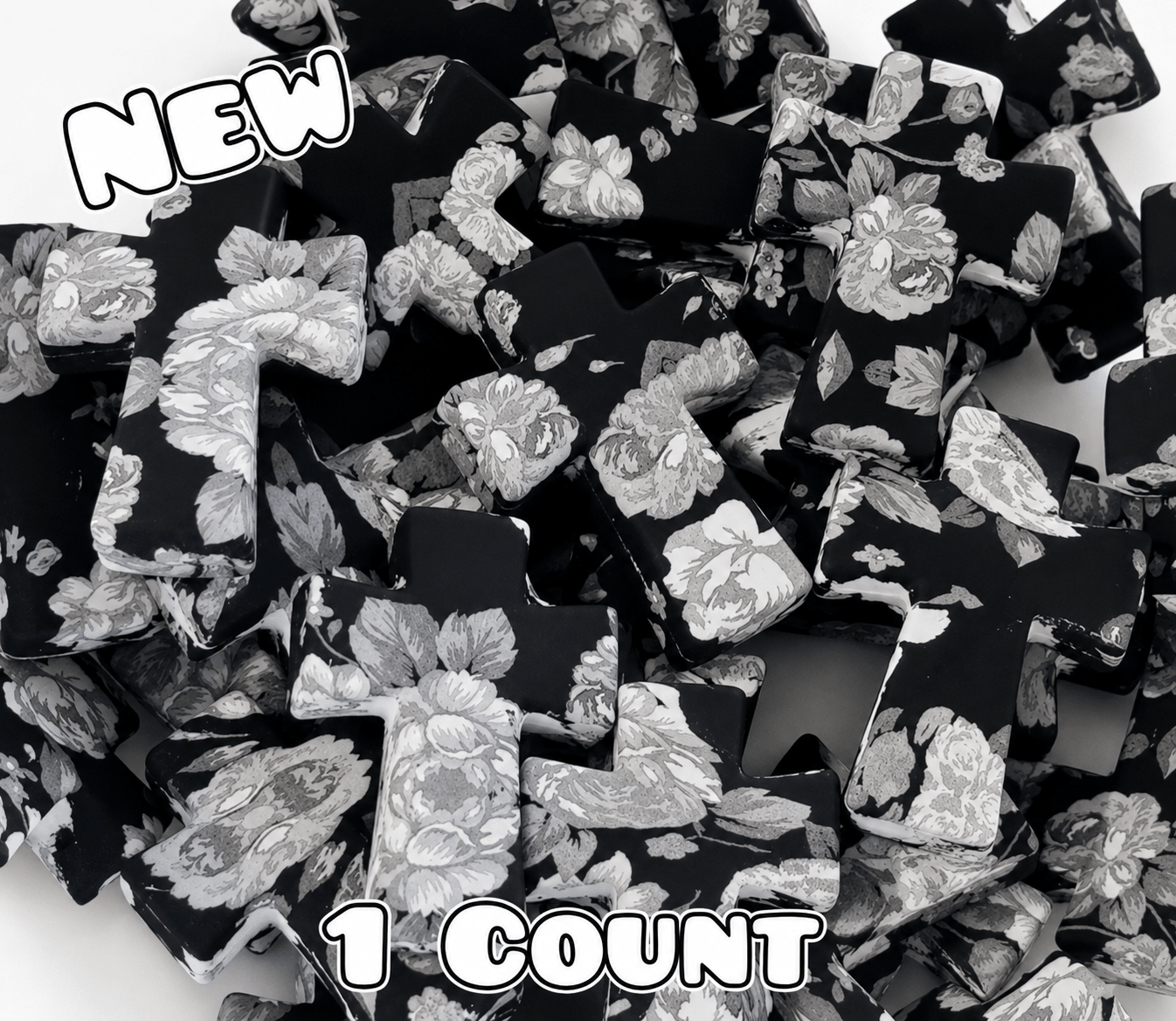 New 1 Count Focal Bead Cross Black Floral