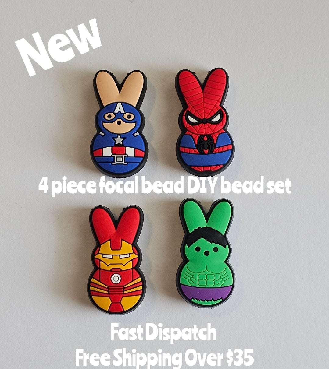 New 4 piece focal beads peeps super heroes
