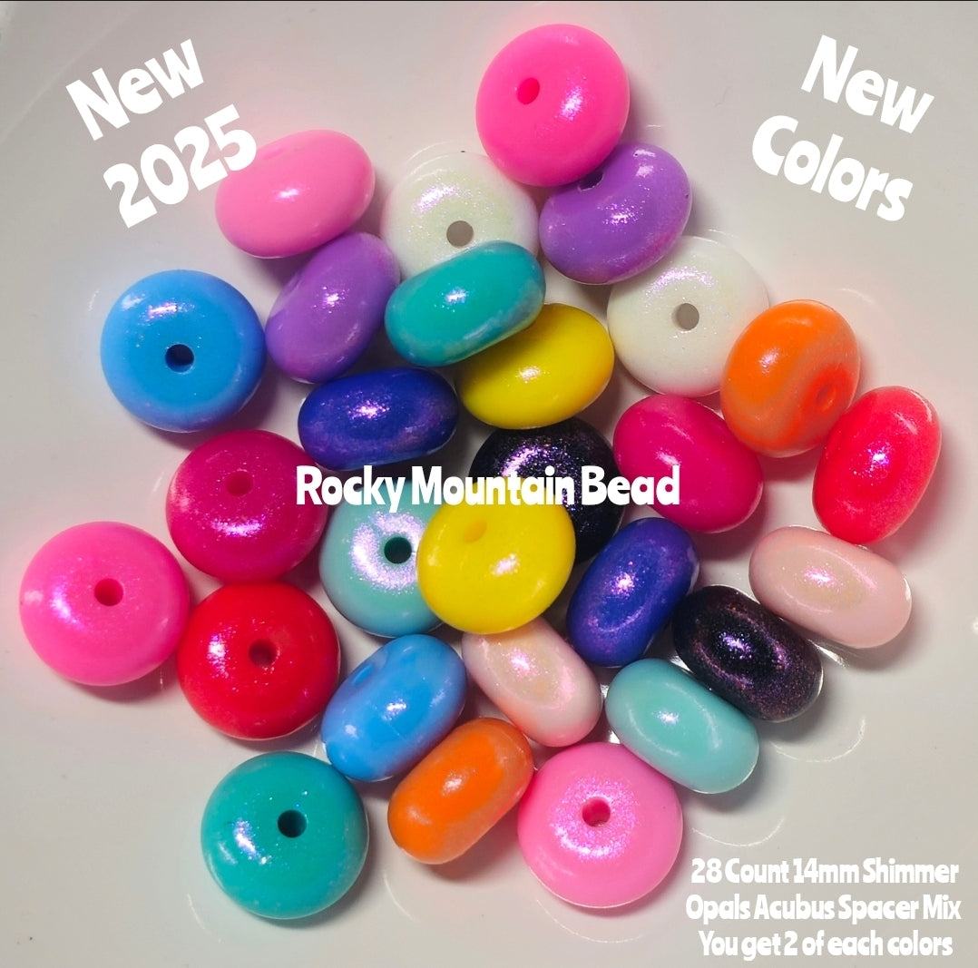 New colors- 14mm shimmer opal acubus spacer beads mix 28 count