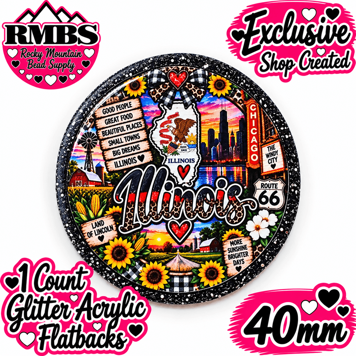 Exclusive 1 Count Custom Exclusive Glitter Acrylic Flatback 40mm STATE NEW ILLINOIS