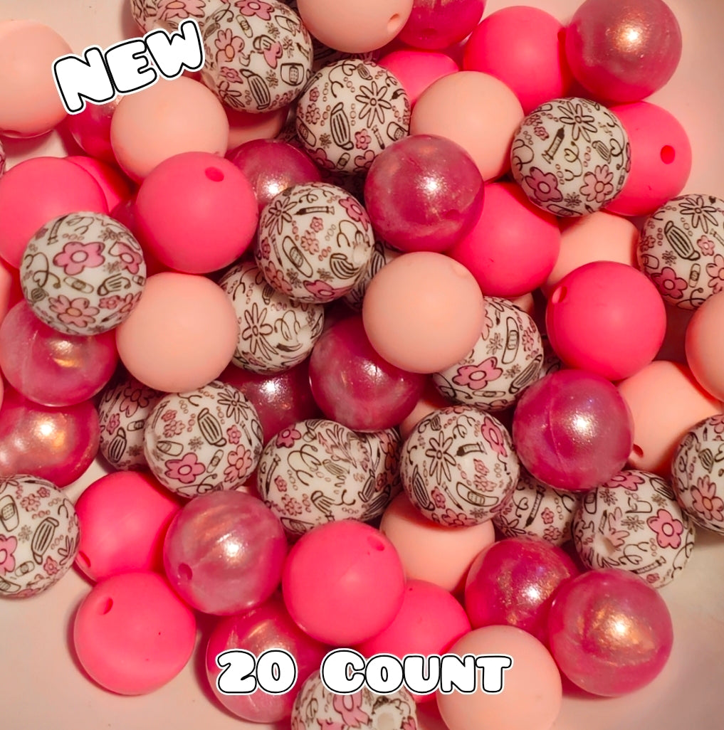 New 15mm Pink Medical Passion Floral SILICONE Bead Mix 20 count. DIY Bead Craft Supplies