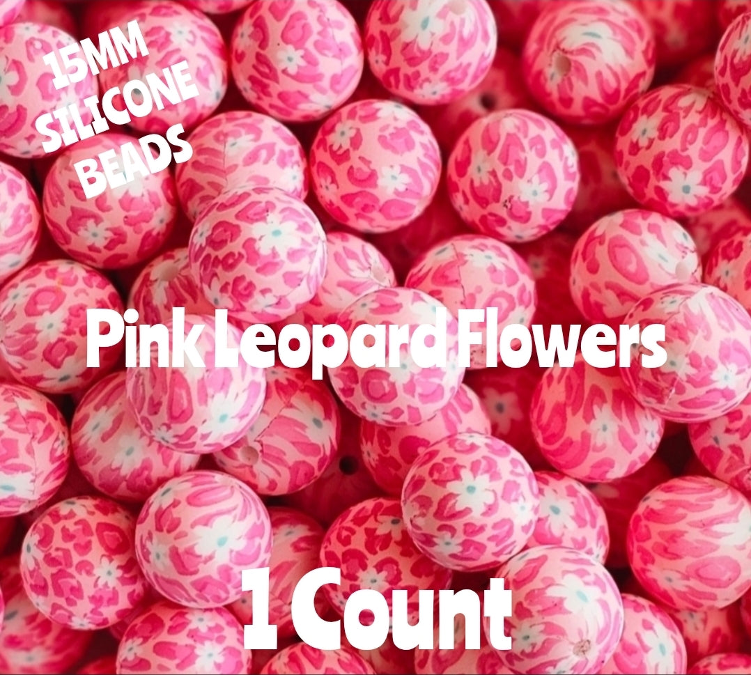 New 1 Count 15mm printed Pink Leopard Flowers silicone bead