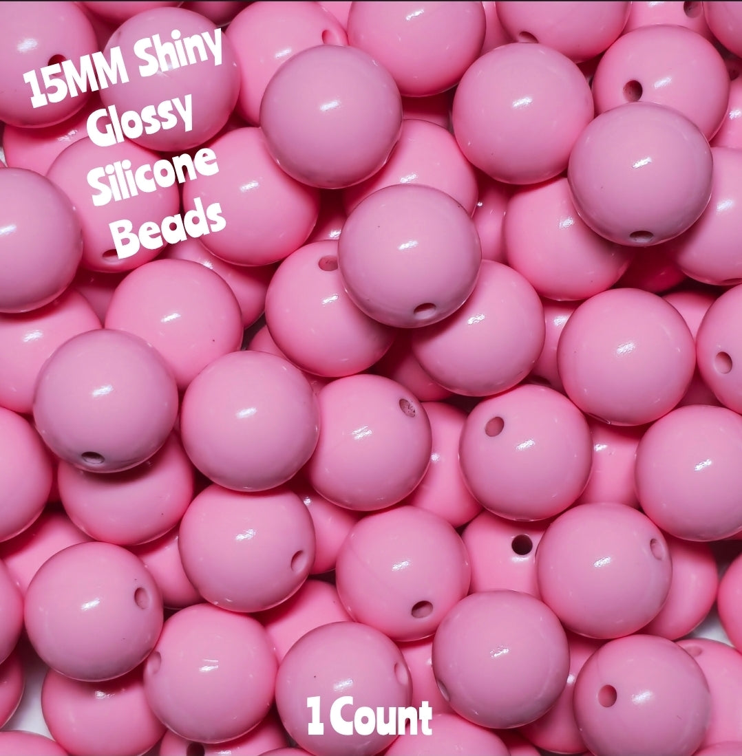 15mm DIY Silicone Beads Glossy Shiny Solids 1 Count Pink
