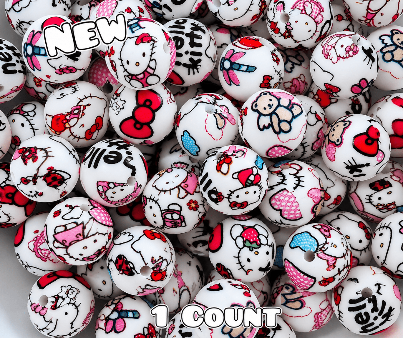 New 1 Count DIY Silicone Beads 15mm printed Hello Kitty