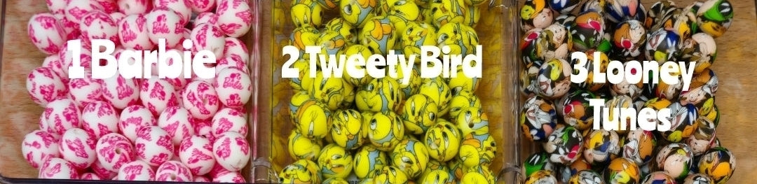 New 15mm cartoon sold in 5 count. Character silicone beads. Multiple themes to choose from