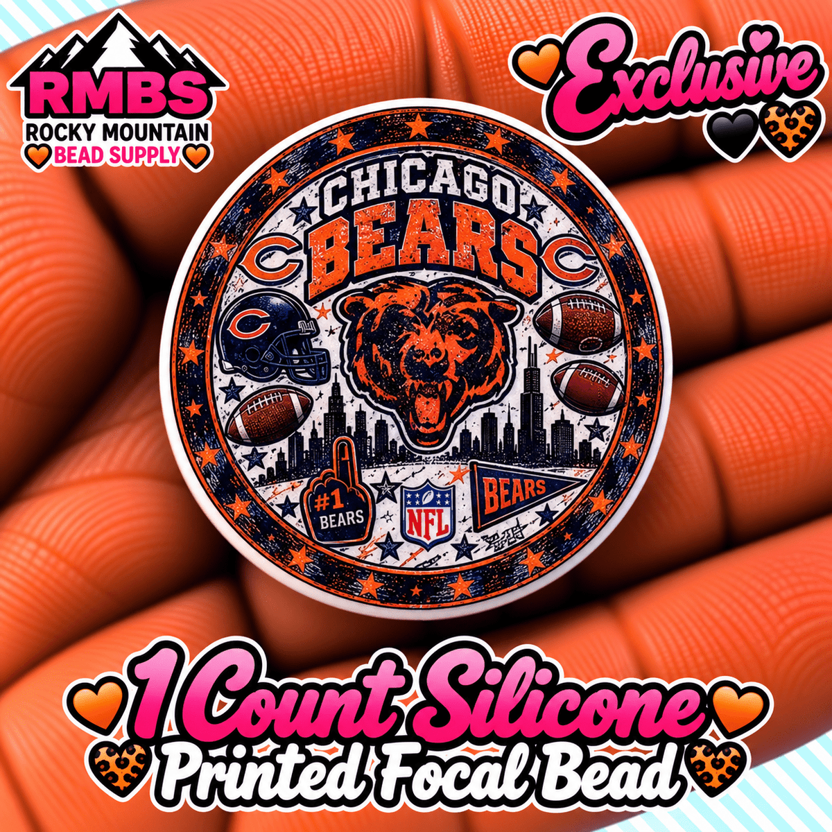 NEW Exclusive 1 count PRINTED Silicone Focal Bead FOOTBALL BEARS