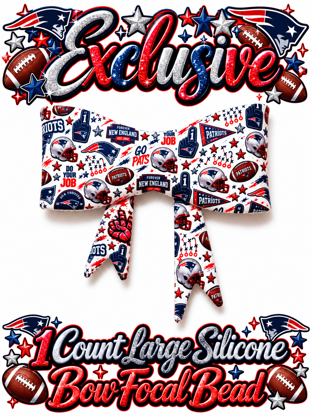 New Shop Exclusive 1 Count Large Silicone Bow FOOTBALL PATRIOTS