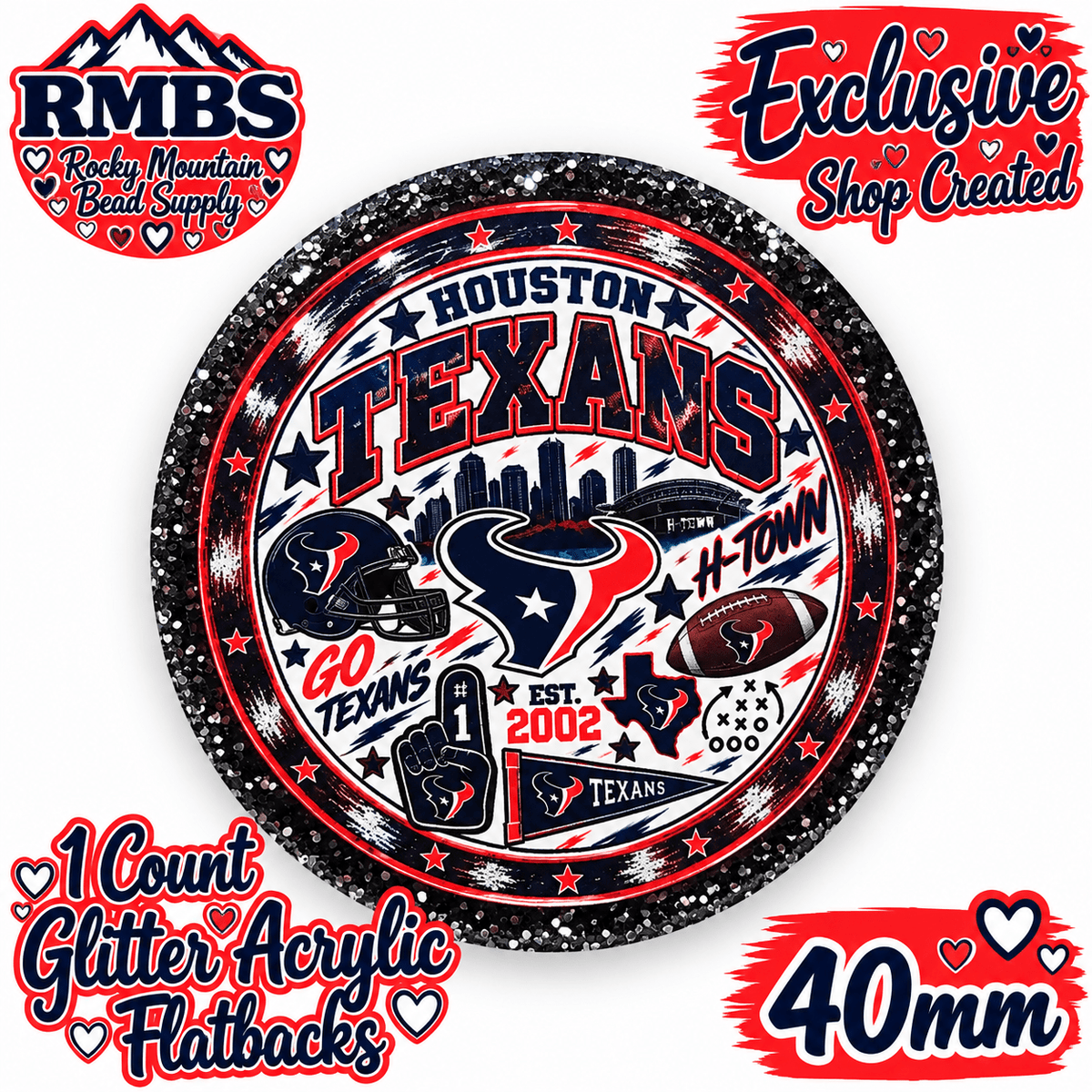 Exclusive 1 Count Custom Exclusive Glitter Acrylic Flatback 40mm TEXANS