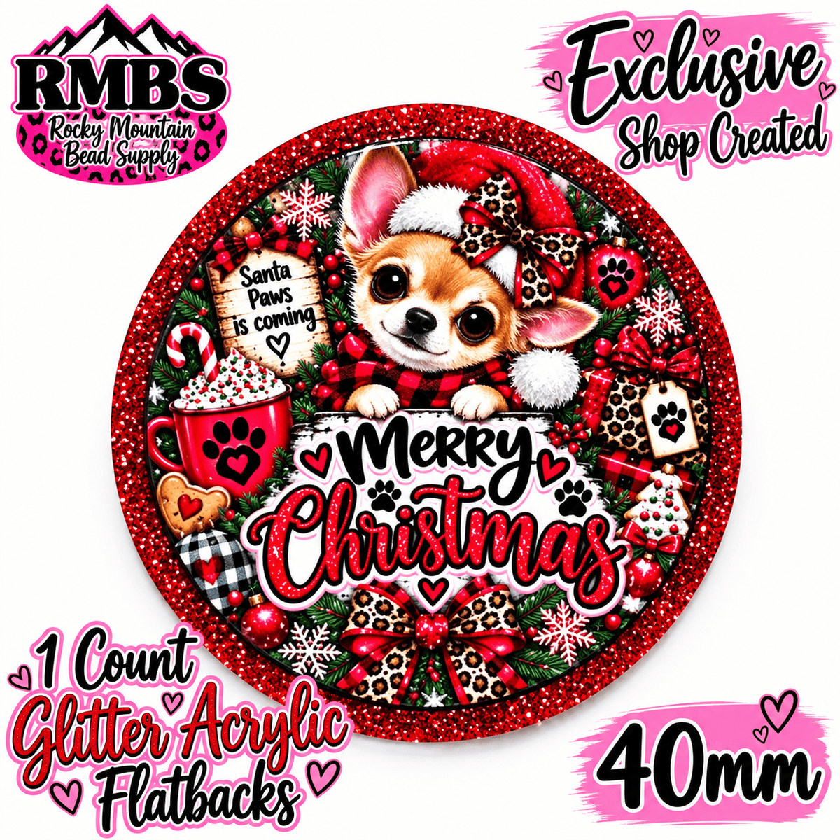 Exclusive 1 Count Custom Exclusive Glitter Acrylic Flatback 40mm MERRY CHRISTMAS DOG