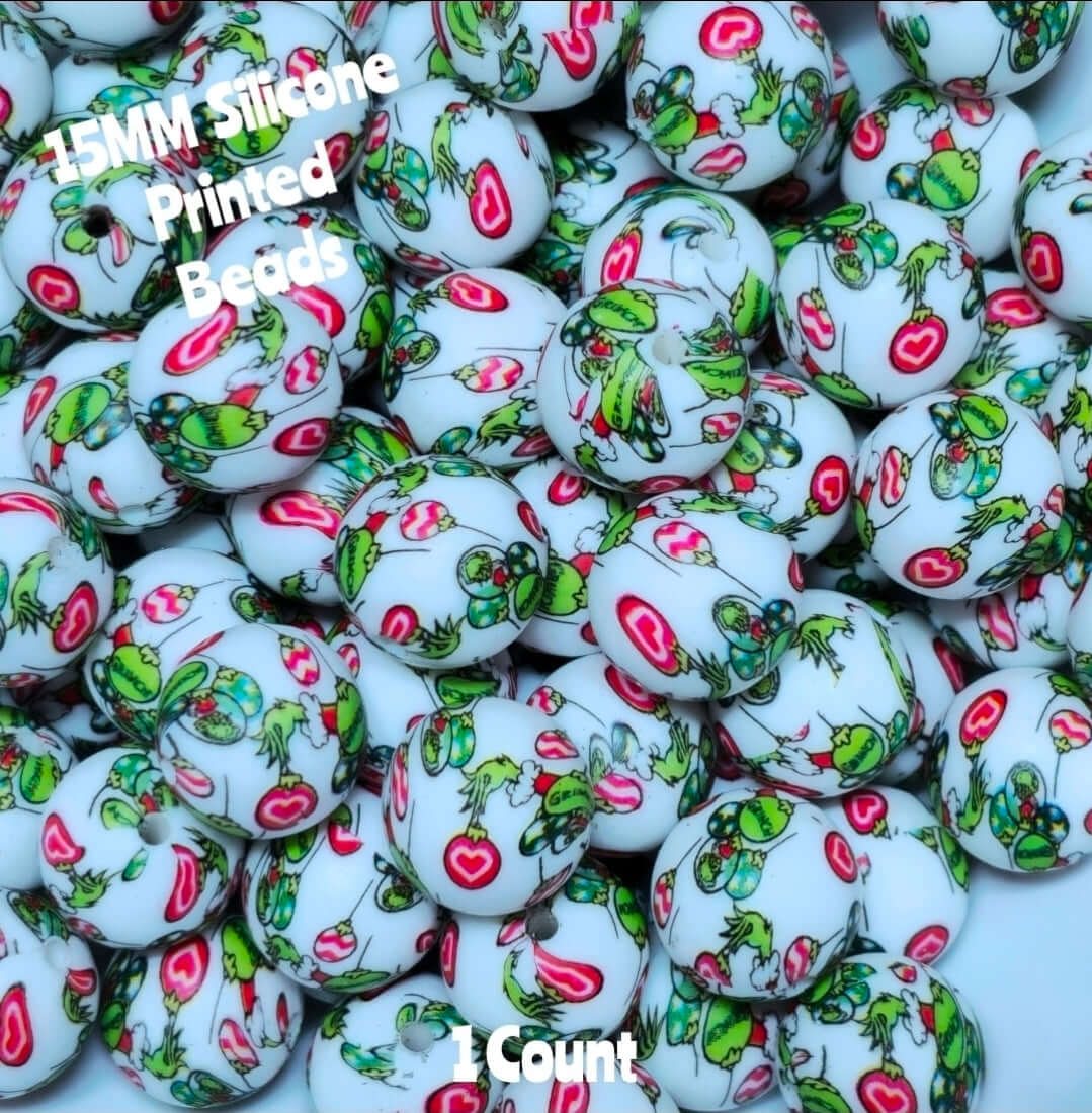 New 1 Count DIY Silicone Beads 15mm printed Grinch Beads Beadable Accessories