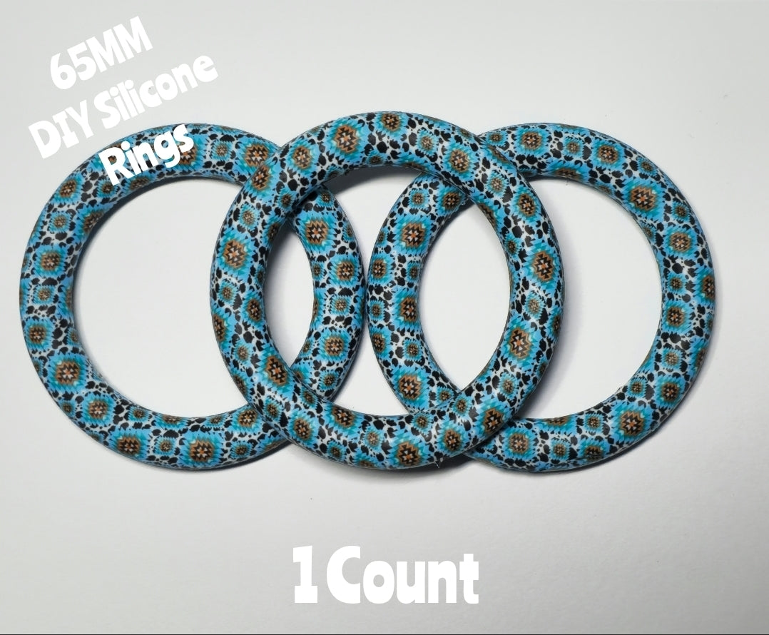 1 Count DIY 65MM Silicone Rings Craft Supplies Beadable Blanks Cow Blue Aztec