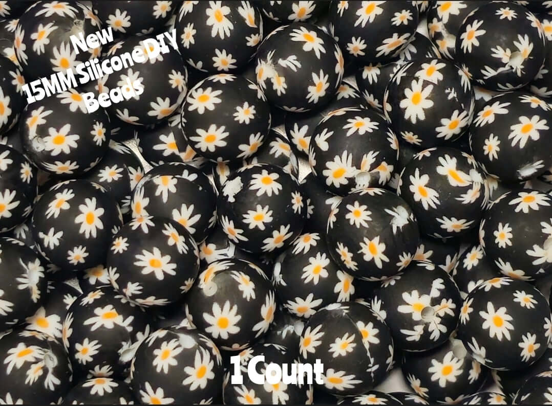 New 1 Count DIY Silicone Beads 15mm printed white daisy flowers beadable accessories
