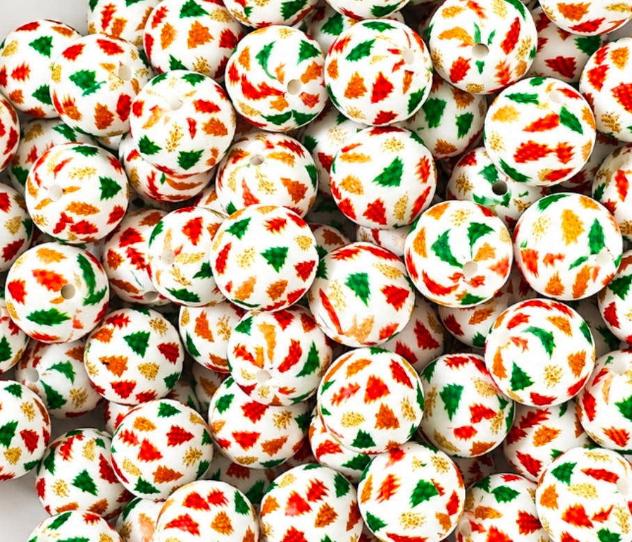 New 1 Count DIY Silicone Beads 15mm printed Christmas Plaid Trees