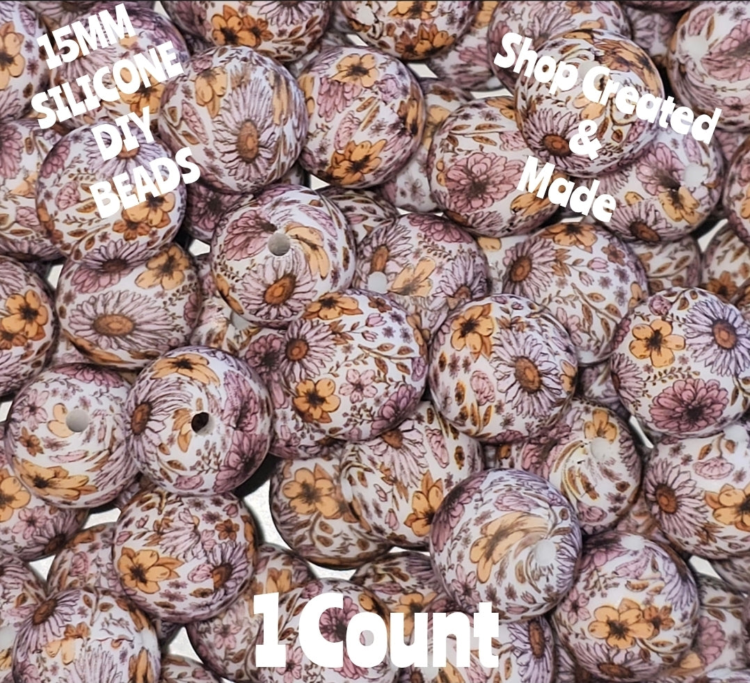 New 1 Count 15mm printed Fall Flowers silicone bead