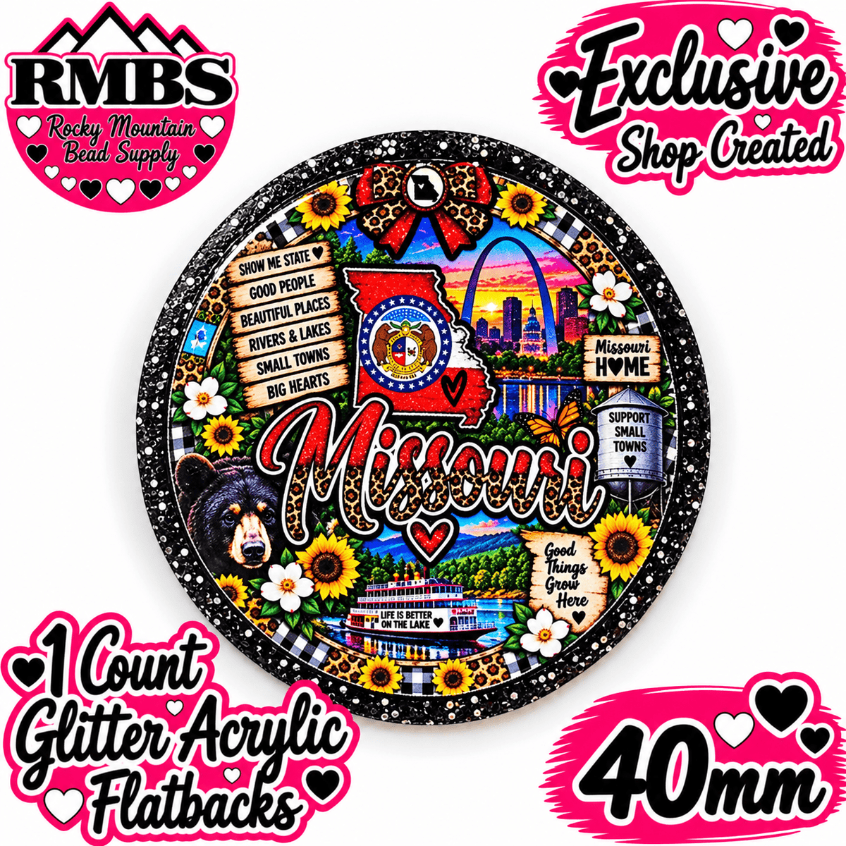 Exclusive 1 Count Custom Exclusive Glitter Acrylic Flatback 40mm STATE MISSOURI