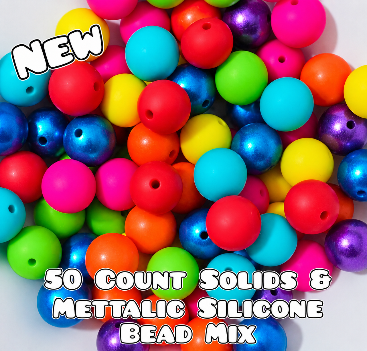 New 50 Silicone 15mm Solids & Mettalic Beads Mix