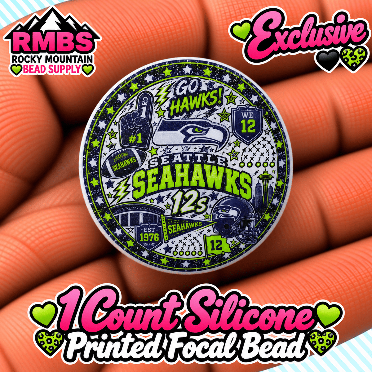 NEW Exclusive 1 count PRINTED Silicone Focal Bead FOOTBALL SEAHAWKS