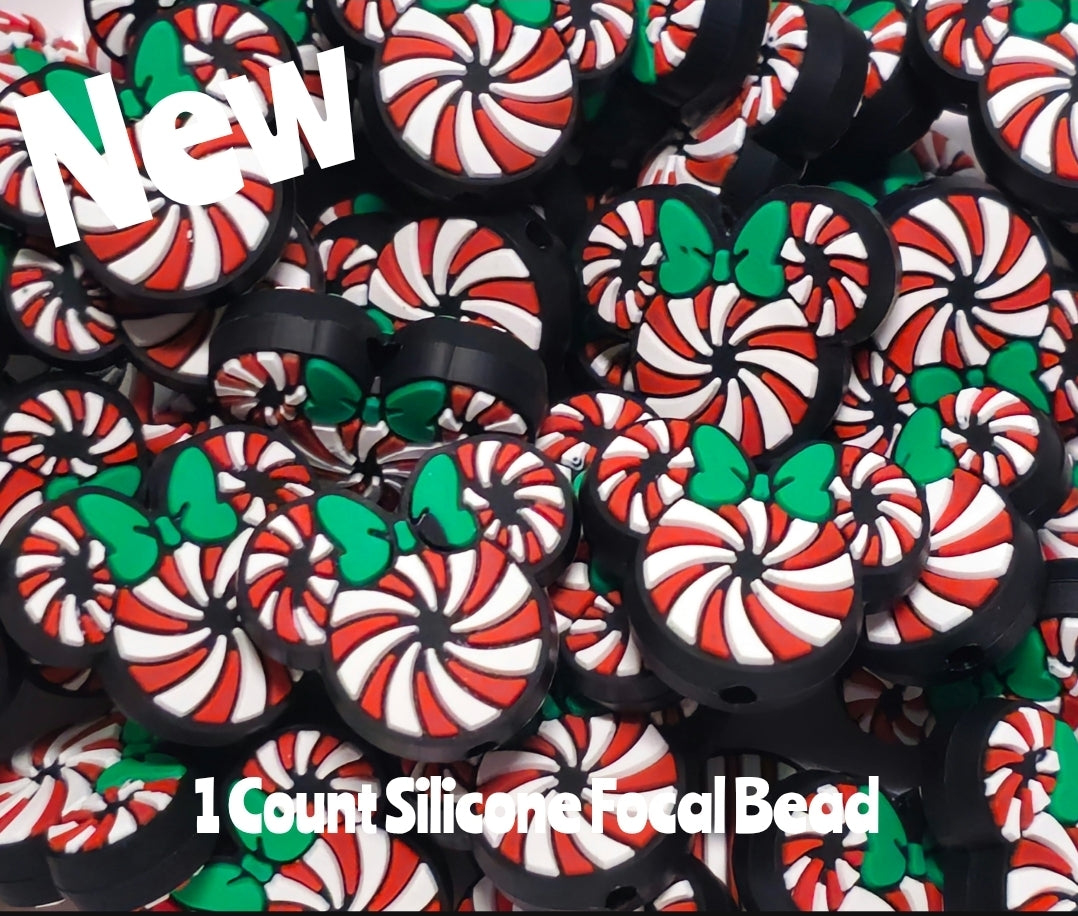 New Peppermint Swirl Mouse Ears Christmas Focal Beads 1 Count DIY Bead Supplies