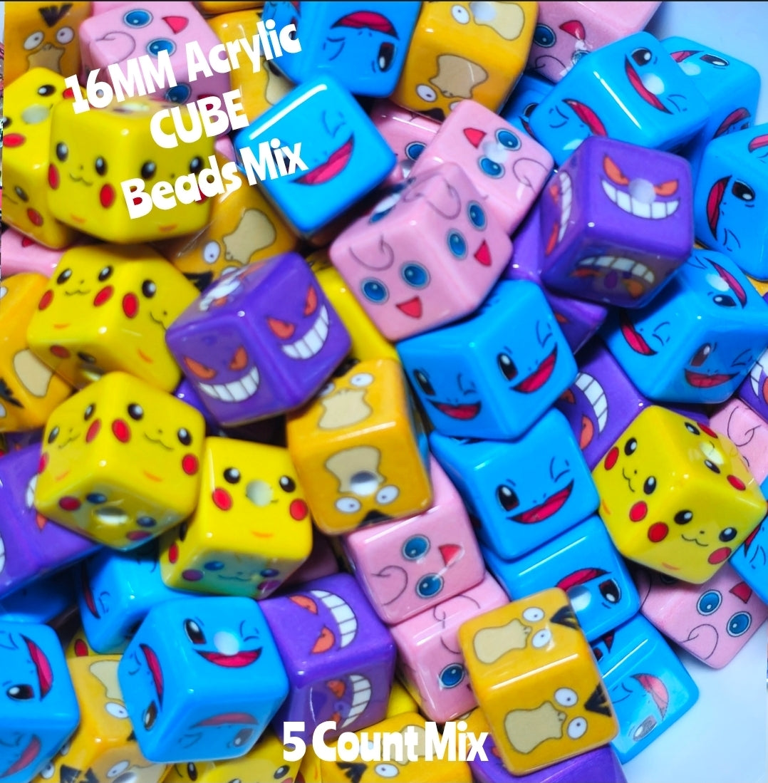 5 Count 16MM DIY Cubed Acrylic Beads Character Pokémon Craft Supplies