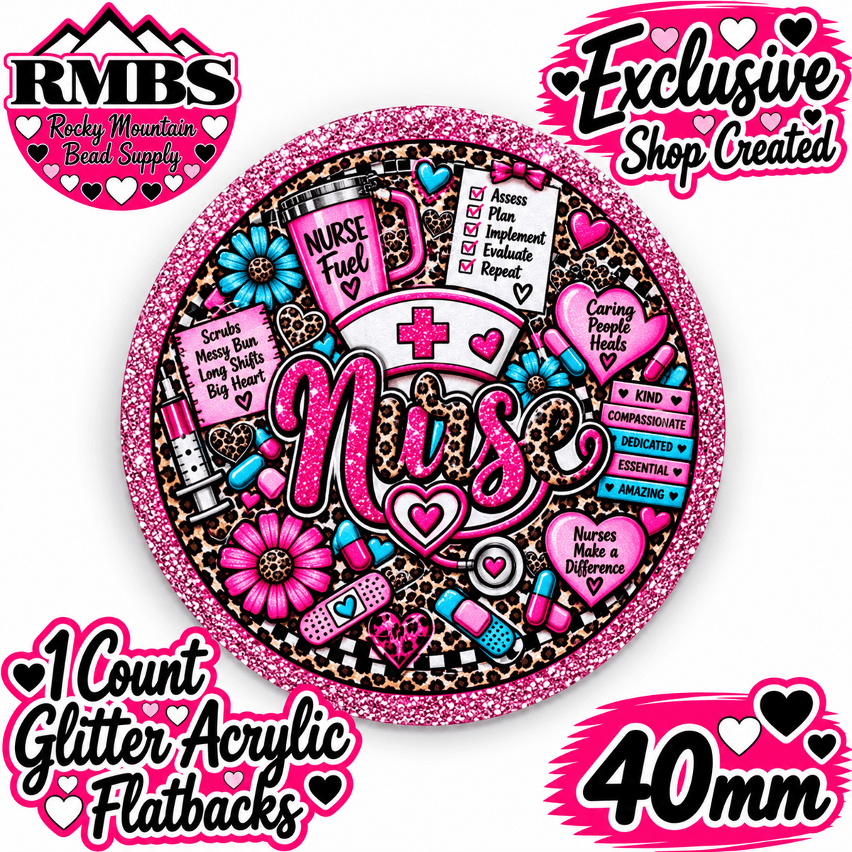 Exclusive 1 Count Custom Exclusive Glitter Acrylic Flatback 40mm NURSE 2