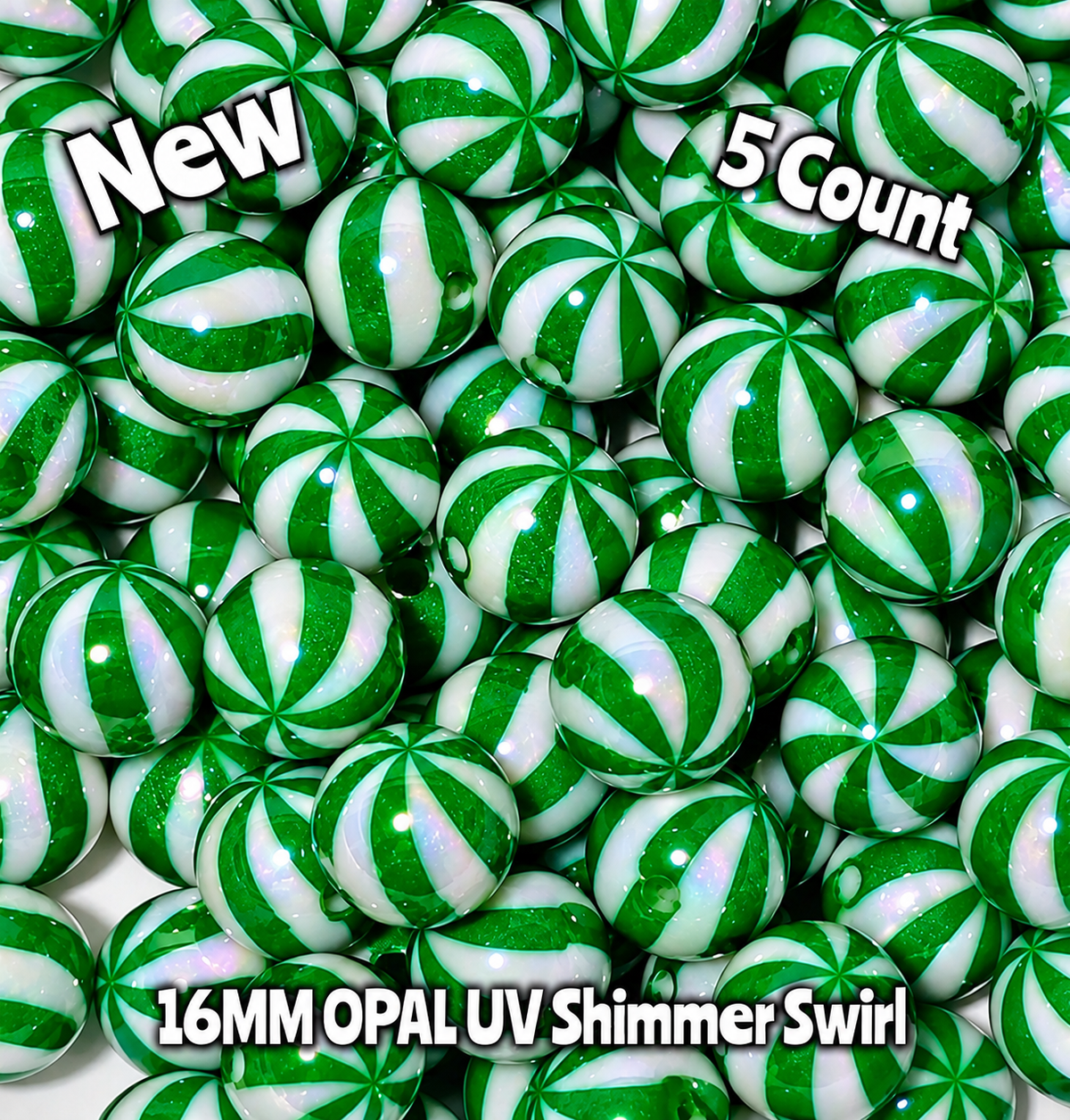 New 5 Count 16MM DIY Acrylic Beads Green Swirl Shimmer UV Craft Supplies