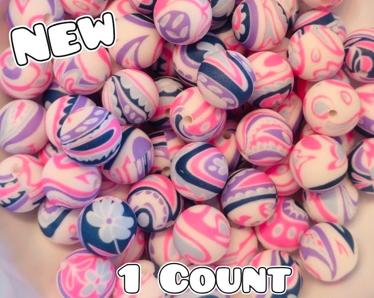 New 1 Count DIY Silicone Beads 15mm printed Purple Pink Blue Paisley