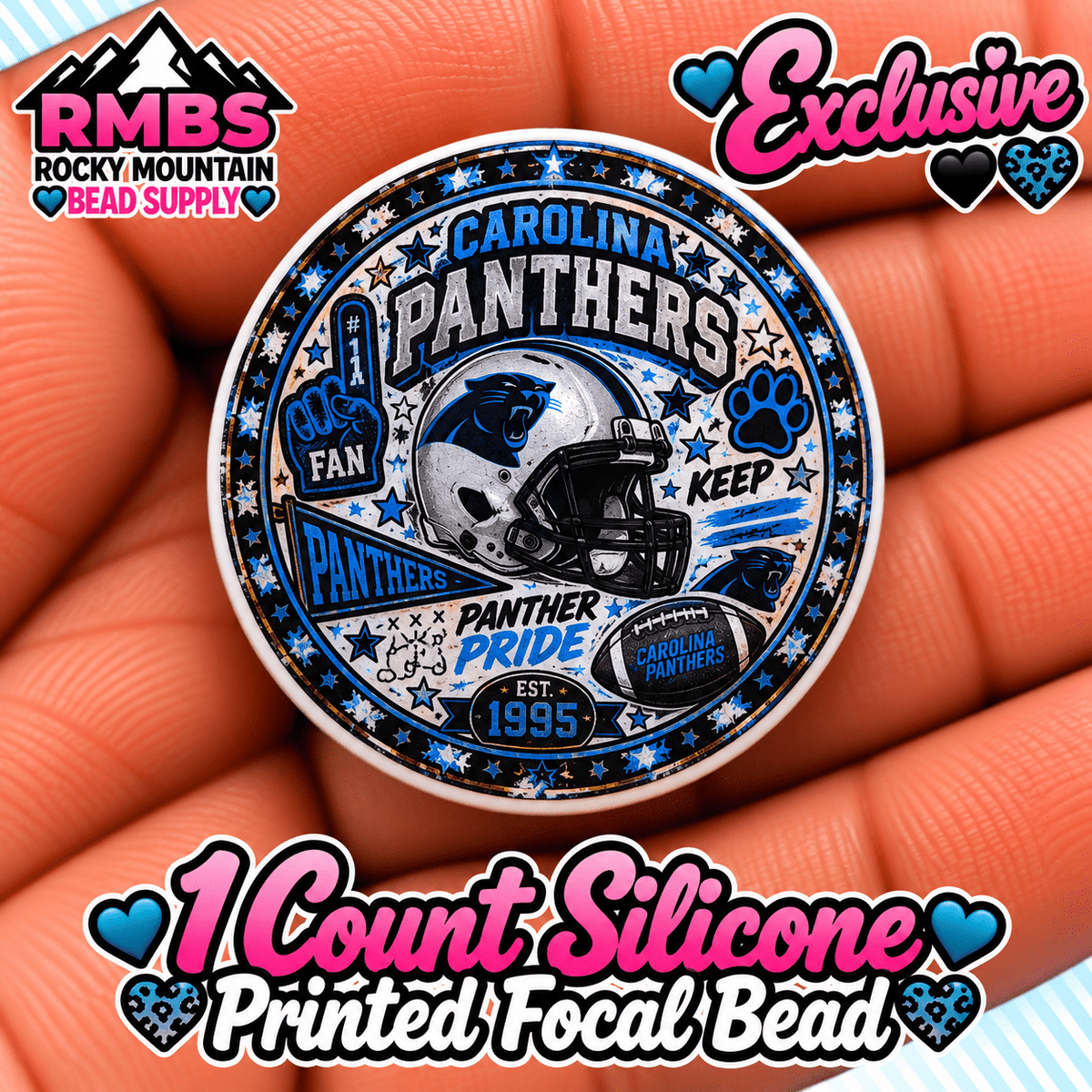 NEW Exclusive 1 count PRINTED Silicone Focal Bead FOOTBALL PANTHERS
