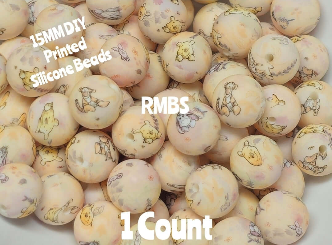 New 1 Count 15mm Printed Beads Character Winnie The POOH Vintage Beads Craft Supplies