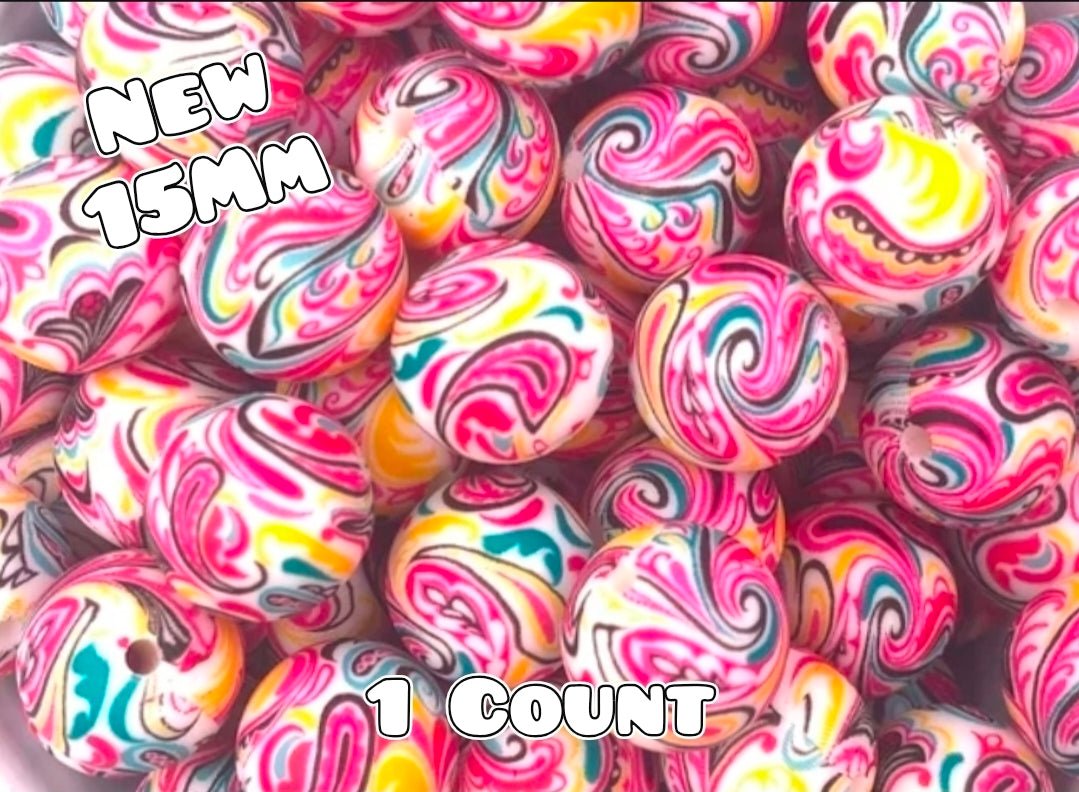New 1 Count 15mm printed silicone bead Pink Paisley