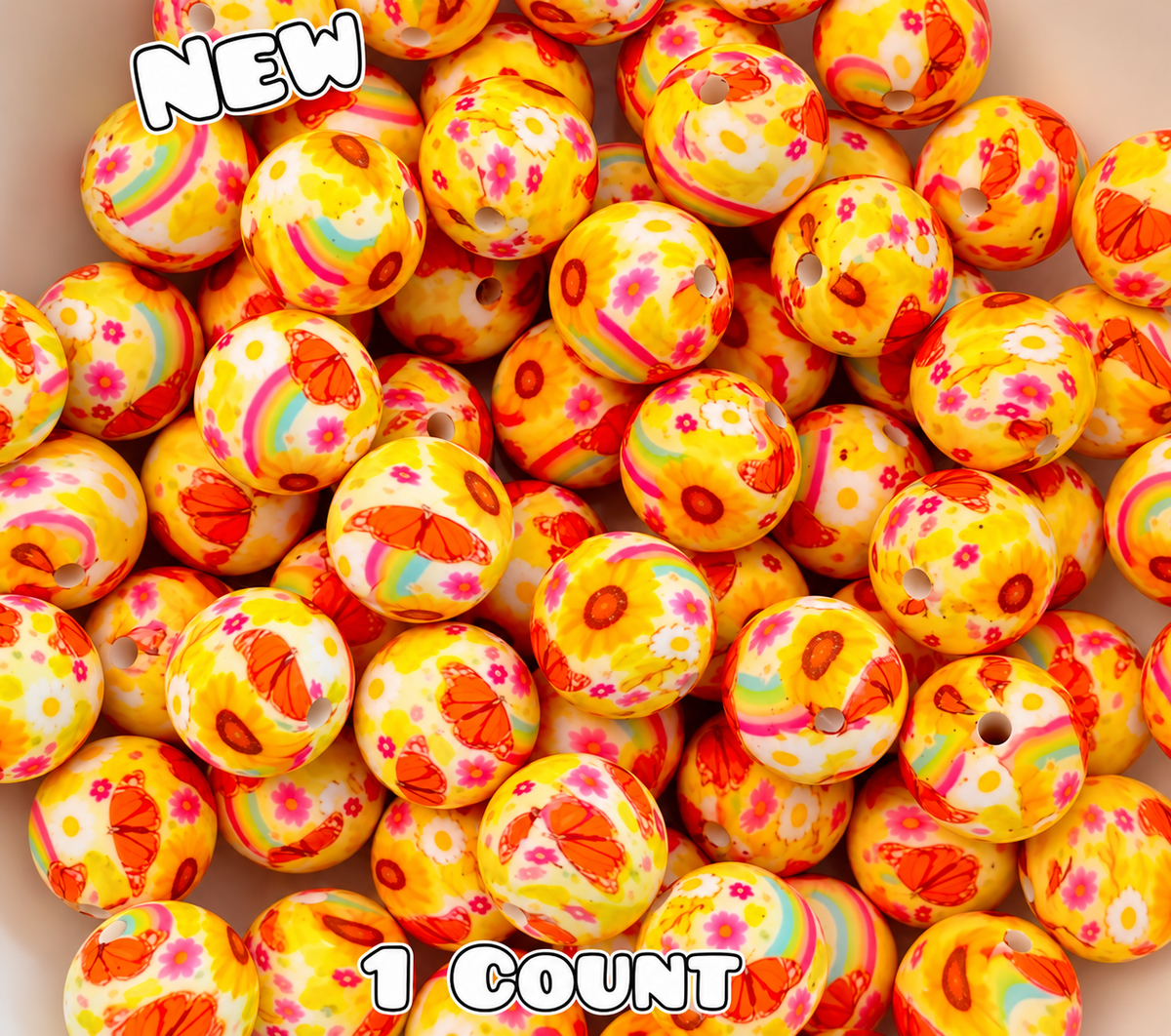 New 1 Count DIY Silicone Beads 15mm printed Butterfly Sunflower Rainbows