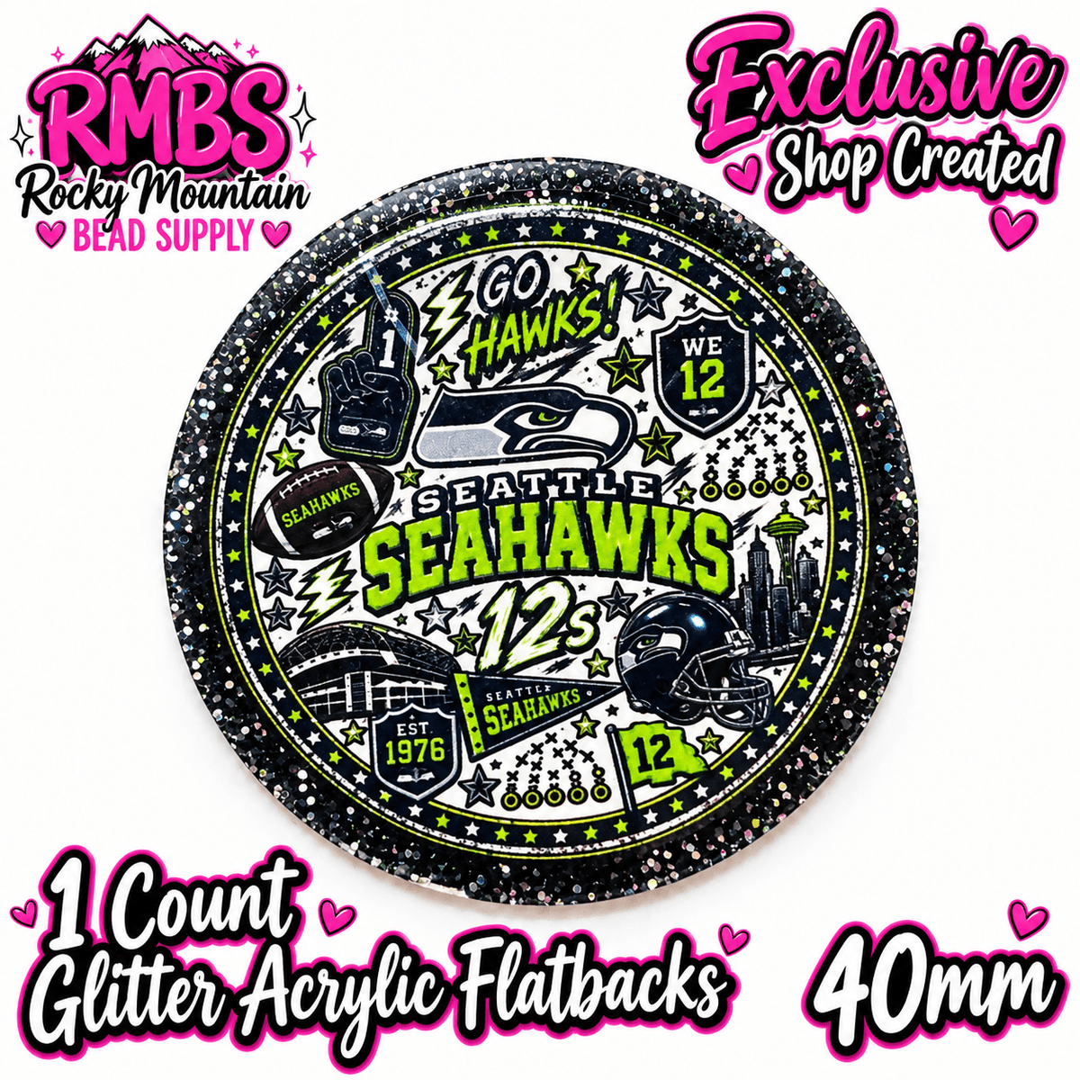 Exclusive 1 Count Custom Exclusive Glitter Acrylic Flatback 40mm SEAHAWKS