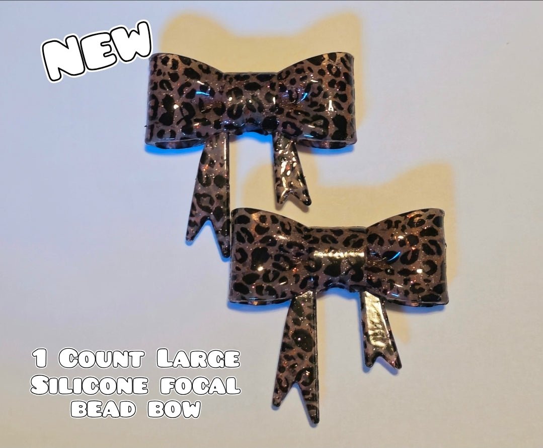 1 Count Large Silicone Printed Bow Focal Beads. Bow beadable accessories. Shimmer Glossy Finish Brown Leopard