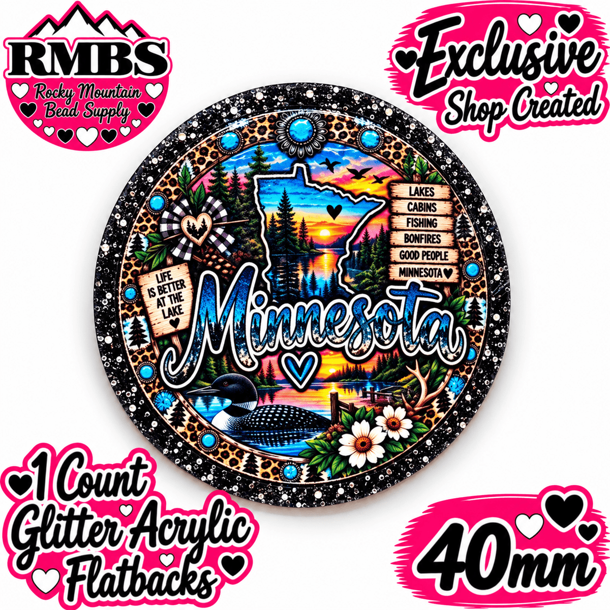 Exclusive 1 Count Custom Exclusive Glitter Acrylic Flatback 40mm STATE MINNESOTA