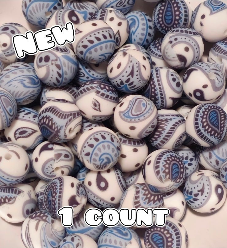 New 1 Count 15mm printed silicone beads PASTEL Blue Paisley